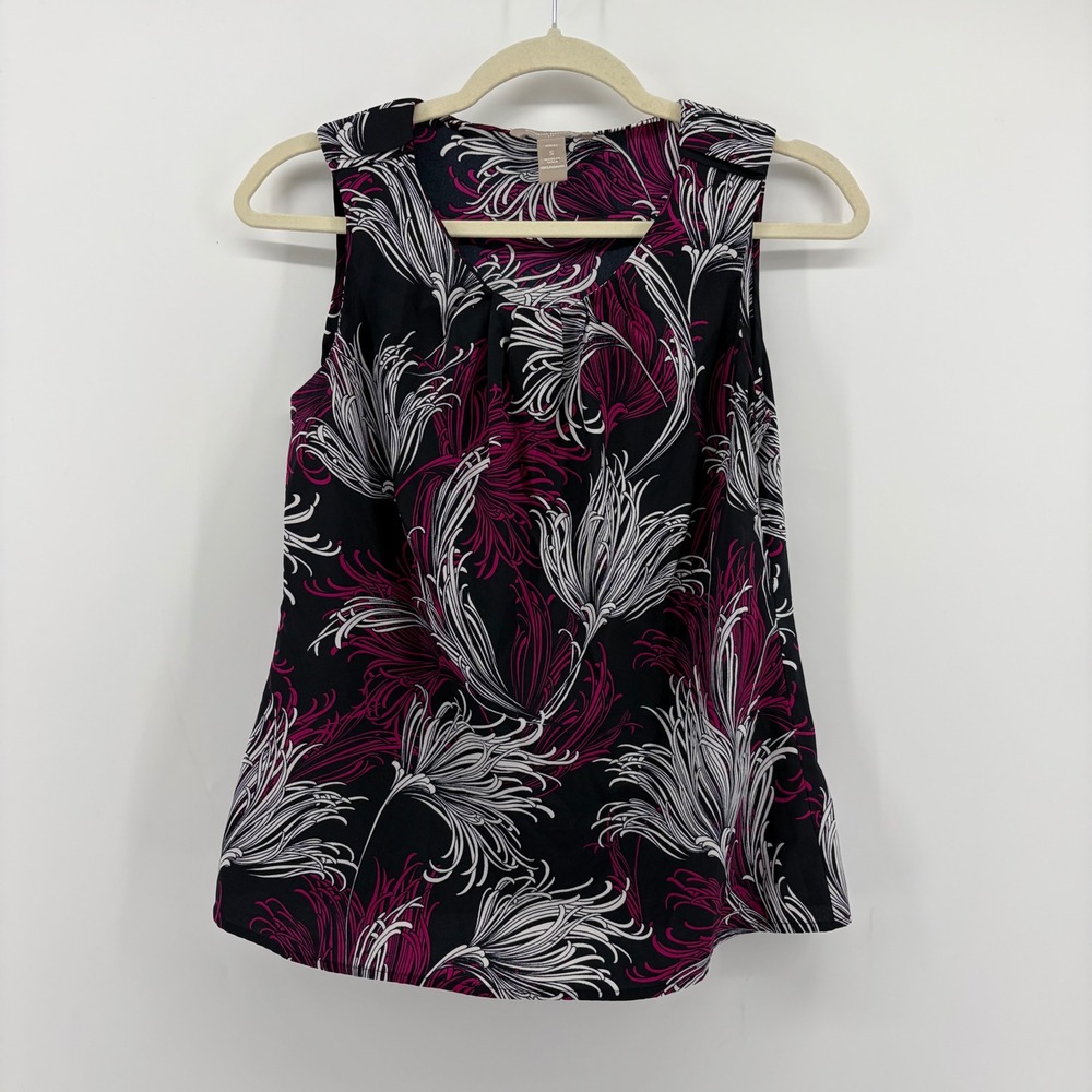 Banana Republic Small Petite Black Magenta Floral Shell Blouse Pleated Neck